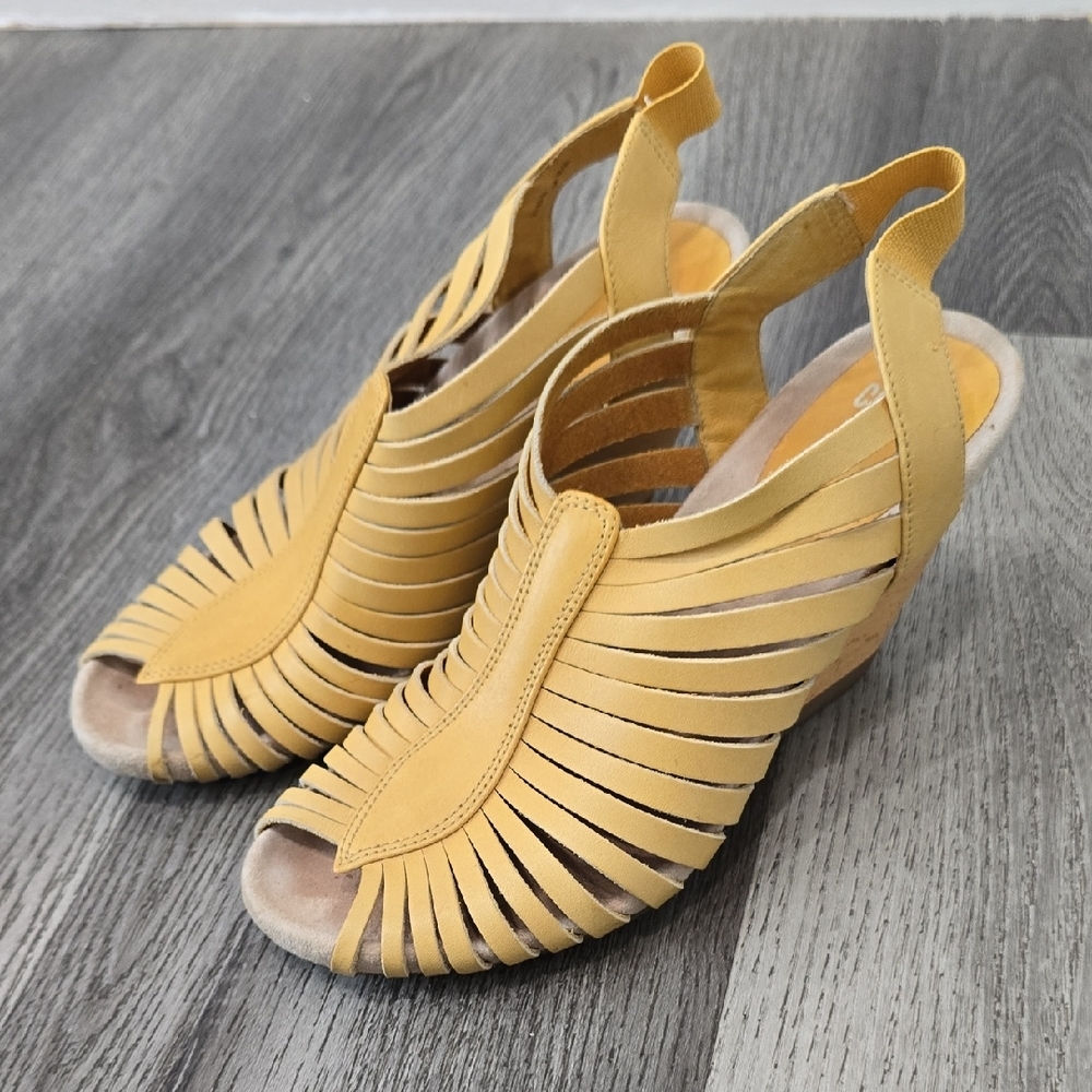 Camper Rachel Yellow Woven Slingback Wedge Sandals Wood Block - Picture 8 of 10